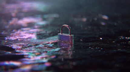 A floating holographic padlock represents data protection, cybersecurity, and digital security, symbolizing trust, encryption, and safeguarding information in a futuristic setting.
