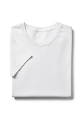 A neatly folded white short-sleeved t-shirt with a ribbed neckline lying on a plain white surface with a soft shadow