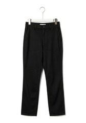 A pair of black pants hangs neatly on a white garment hanger against a pristine white background featuring a button closure and front pockets