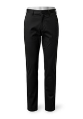 A pair of black trousers displayed on a torso form features belt loops and a flat front set against a pristine white background