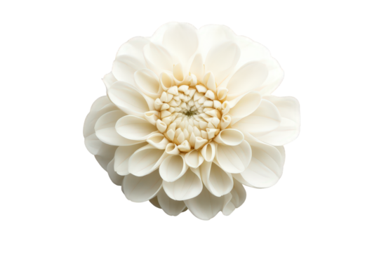 A pristine white dahlia flower isolated on transparent background, showcasing its intricate petal arrangement and delicate texture in a simple, elegant composition