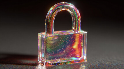 A floating holographic padlock represents data protection, cybersecurity, and digital security, symbolizing trust, encryption, and safeguarding information in a futuristic setting.
