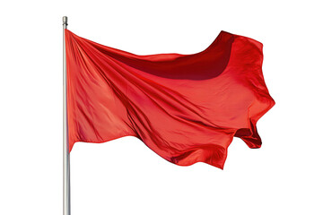 A vibrant red flag flutters in the wind, its bold color standing out against the clear sky, isolated on transparent background, symbolizing warning or alert