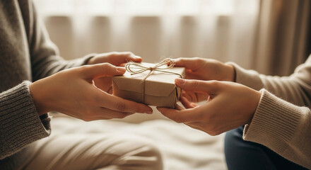 One person is giving a small, rustic gift box to another person.