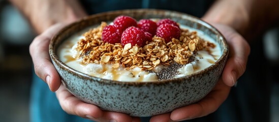 Hands holding a bowl of yogurt parfait with granola, raspberries, and chia seeds.
