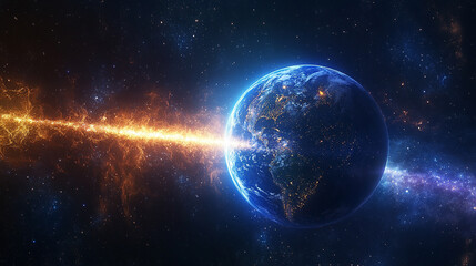 Light beam connecting Earth and space symbolizing unity of science and wonder bridging exploration knowledge and cosmic discovery with a sense of connection and futuristic inspiration