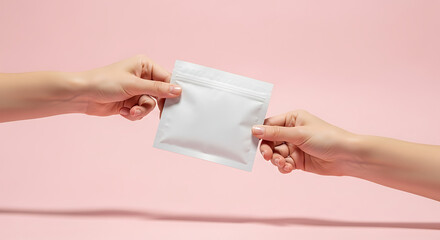 Quick, clean transfer of a small, generic white zippered pouch between two human hands on a bright pink studio background
