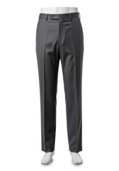 A pair of dark gray mens dress pants with a subtle texture displayed on a white mannequin against a plain background