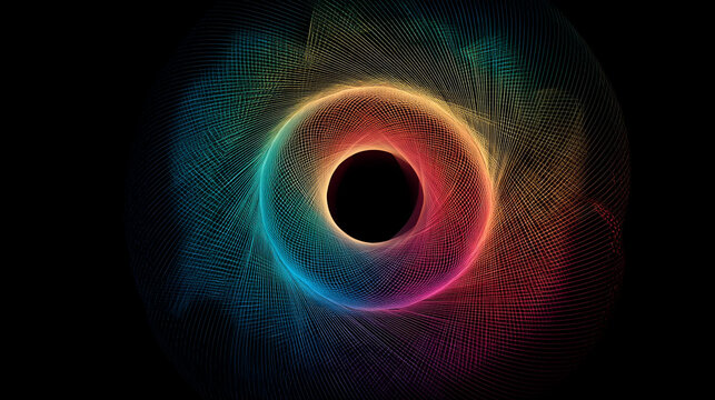 Abstract circular swirl of light forming symmetrical patterns, with glowing curves and dynamic motion, creating a futuristic, energetic, and visually captivating effect.