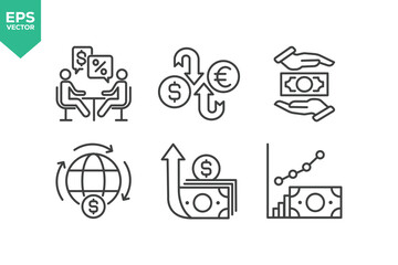 Set Of Investment Line Icons. Contains such icons as Business Strategy, Stock Market, Loan, Wealth, Financial Advisor, Currency Exchange, Financial Strategy, Savings, Credit Score, Capital, Banking, P
