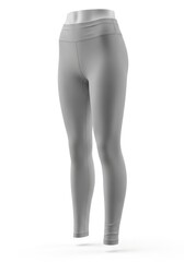 A pair of light grey athletic leggings featuring a high waist and visible seams displayed on a form against a pure white background
