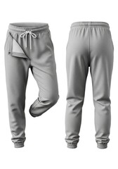 A pair of light grey sweatpants showing both front and back views The front features a white drawstring and an open side detail revealing a fleece interior with elasticized cuffs