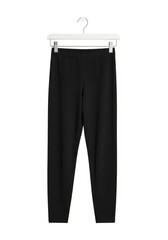 A pair of plain black leggings with an elastic waistband hangs on a white plastic hanger against a white background