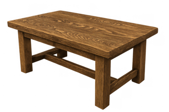 Rustic wooden stool or small coffee table featuring natural wood grain texture and simple plank construction, transparent background