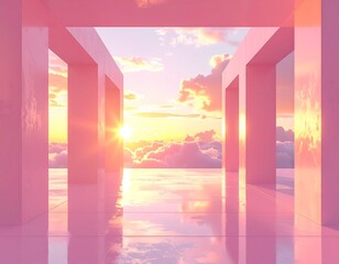 Pink futuristic architecture with sunlight shining through columns in clouds