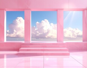 Pink futuristic architecture with sunlight shining through columns in clouds