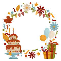 Festive autumn template with round copy space in flat style and pastel colors. Frame with simple flowers, cake, candle, gifts, confetti, painted in autumn colors with watercolors. Clip art for design