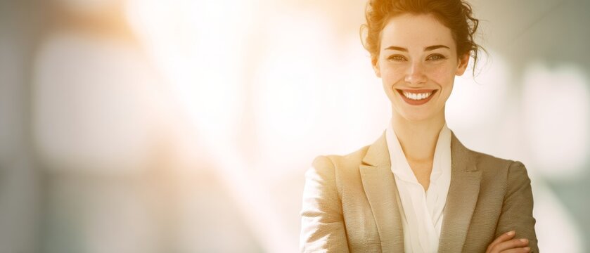 Pioneering change: women in leadership roles. Scifi poster. Smiling businesswoman exudes confidence in a sunlit office. Action poster. Thriller poster.