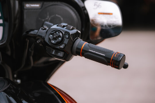 Harley-Davidson CVO Street Glide motorcycle, orange motorbike with speakers and luggage panniers