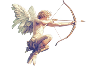Cupid statue isolated on transparent background, showcasing his wings, bow, and arrow, symbolizing love and affection, captured in a classical artistic representation
