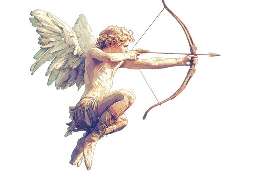Cupid statue isolated on transparent background, showcasing his wings, bow, and arrow, symbolizing love and affection, captured in a classical artistic representation