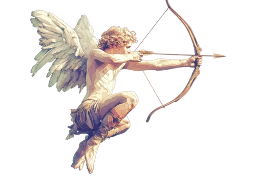 Cupid statue isolated on transparent background, showcasing his wings, bow, and arrow, symbolizing love and affection, captured in a classical artistic representation