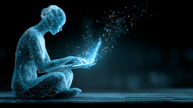 Holographic AI assistant floating in the air, managing and scheduling tasks with glowing icons and interactive interfaces in a futuristic, high-tech environment.