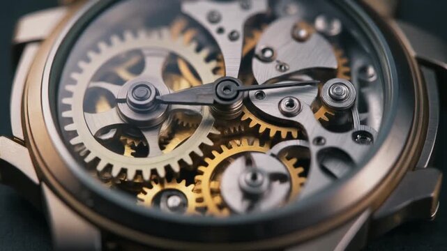 Close-up shot of an elegant wristwatch showcasing its intricate mechanical movement with precision gears and refined details - Powered by Adobe