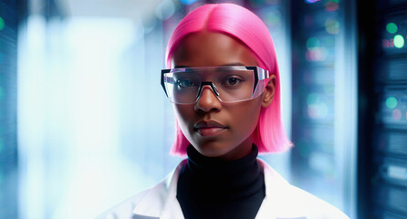 Business portrait, A focused young Black woman with vibrant pink hair and futuristic clear safety goggles stands confidently in a brightly lit data center.