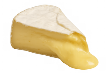 Melting camembert or brie cheese wedge with creamy soft texture, food isolated on transparent background