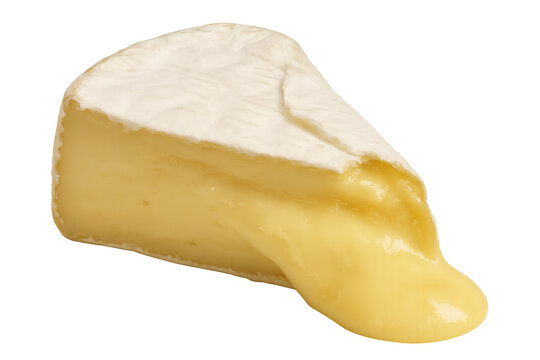 Melting camembert or brie cheese wedge with creamy soft texture, food isolated on transparent background