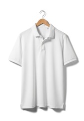 A pristine white polo shirt featuring a collar and a two-button placket hangs neatly on a light wood hanger against a clean white backdrop