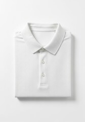 A pristine white polo shirt neatly folded and presented on a plain background showcasing its textured fabric collar and button placket