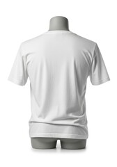 A plain white short-sleeved t-shirt displayed on a grey mannequin viewed from the back against a white background