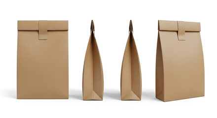 Set of brown paper bags, eco-friendly packaging mockups, for shop bakery products on white background