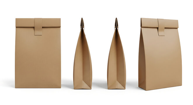 Set of brown paper bags, eco-friendly packaging mockups, for shop bakery products on white background