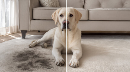 Golden retriever dog lying on carpet, bright living room before after, cleaning concept