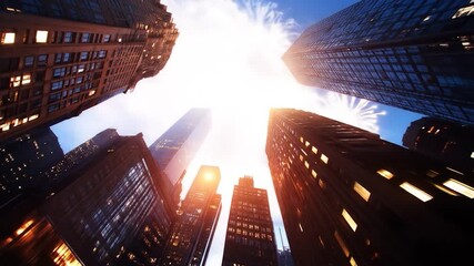 Urban skyscrapers cityscape low angle view modern architecture bright sky illumination tall buildings vertical perspective metropolitan scene - Powered by Adobe
