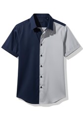 A short-sleeve button-up shirt split vertically with navy blue on the left and light grey on the right featuring a collar and black buttons on a white background