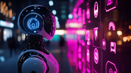 Holographic AI assistant floating in the air, managing and scheduling tasks with glowing icons and interactive interfaces in a futuristic, high-tech environment.