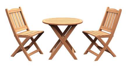 Elegant wooden patio set isolated on transparent background showcasing a round table and two folding chairs, ideal for a small balcony or garden, offering a cozy space