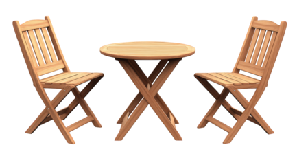 Elegant wooden patio set isolated on transparent background showcasing a round table and two folding chairs, ideal for a small balcony or garden, offering a cozy space