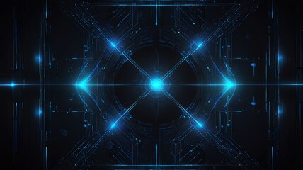 Obraz premium Abstract glowing blue circuits with central light on black background.