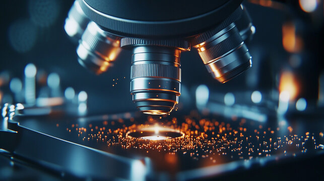 An AI-powered microscope scanning swarms of nanobots—glowing micro-machines illuminated in a high-tech microscopic field with precision beams and intricate details.