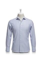 A vertically striped light blue and white long-sleeve shirt is displayed on a white mannequin torso against a pure white background