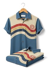 A short-sleeved shirt with blue cream and wavy red gold and blue stripes hangs on a wooden hanger with a matching folded shirt below