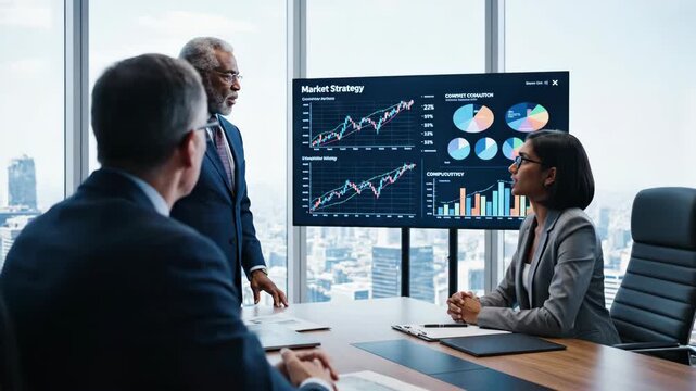 Business professionals analyze financial data in modern office setting