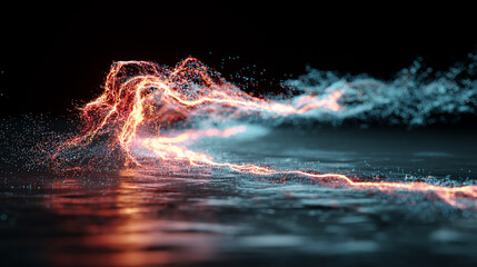 A flowing stream of digital particles forms a dynamic data current, symbolizing information transfer, connectivity, technology, and the abstract energy of modern networks.
