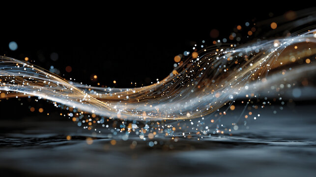 A flowing stream of digital particles forms a dynamic data current, symbolizing information transfer, connectivity, technology, and the abstract energy of modern networks.
 - Powered by Adobe