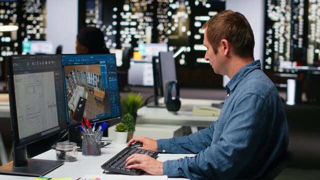 Diverse engineers team creates 3D render of apartment interior with architectural software and blueprints. Using computer with modern tools and models to allow customization of flooring. Camera B.